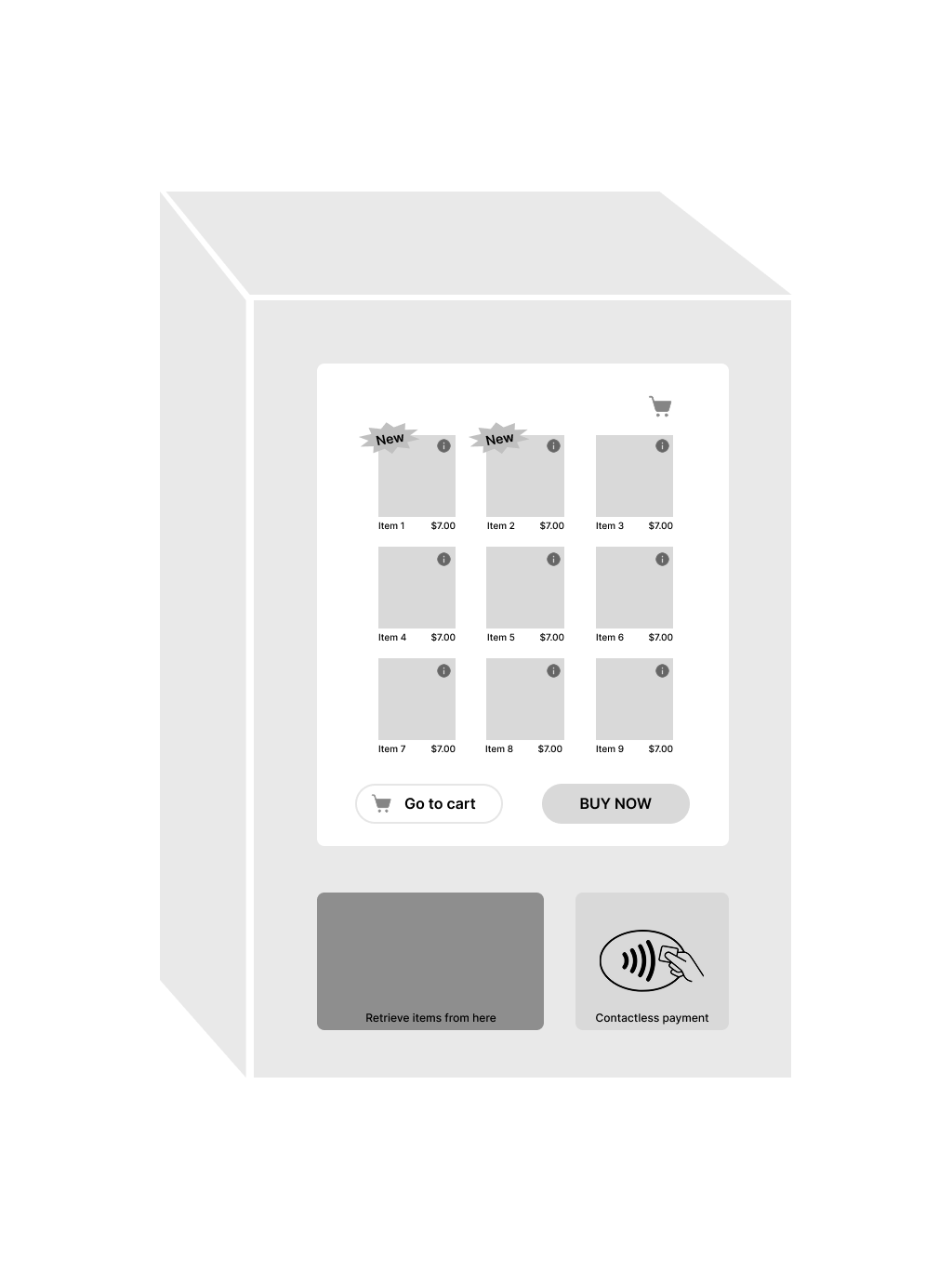 First low-fidelity wireframe, the screen of the tablet acts as a window inside with product descriptions and icons displayed on top.
